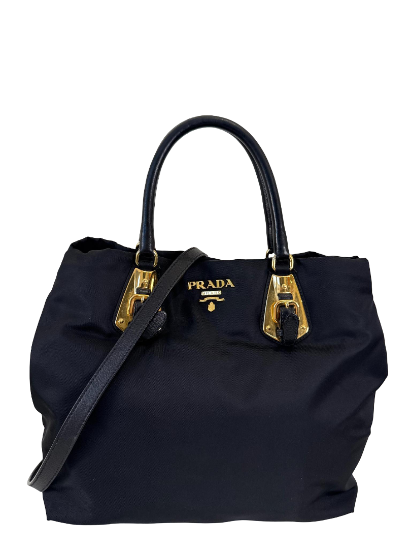 【PRADA】2wayバッグ　編み込み　ゴールド金具　ナイロン　ブラック Prada 2Way Black Nylon Tote Bag