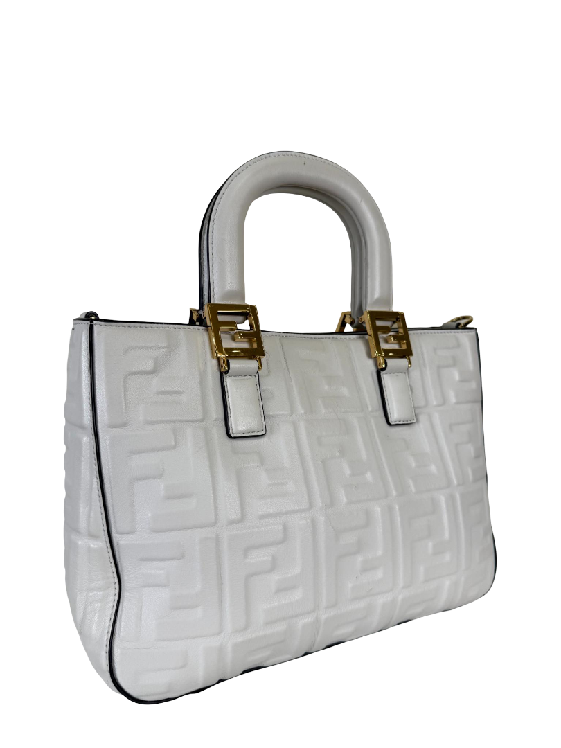 Fendi Sunshine White Embossed Leather Small Shopper Tote