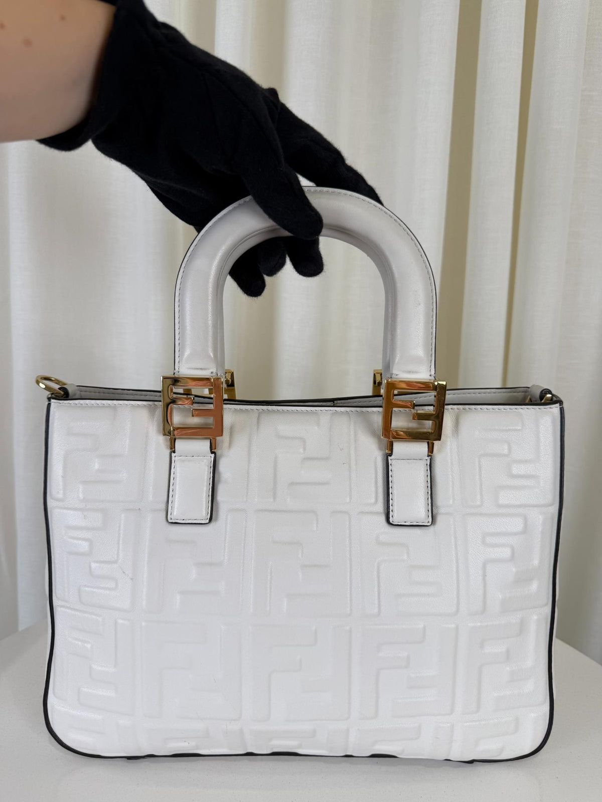 Fendi Sunshine White Embossed Leather Small Shopper Tote