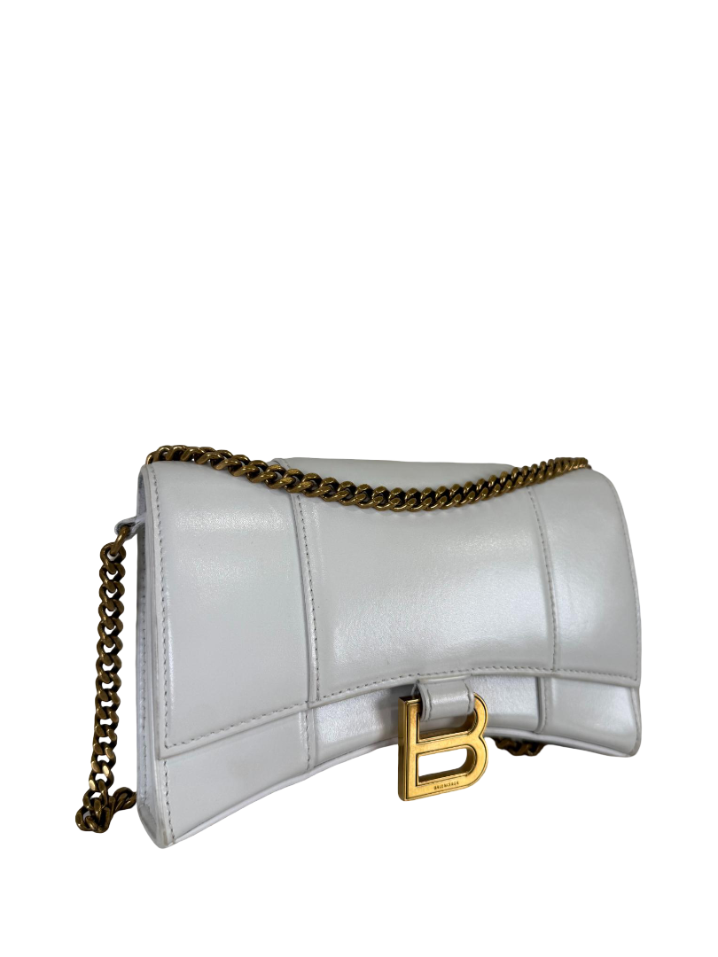 Balenciaga Hourglass Mini Wallet On Chain White Calfskin Leather