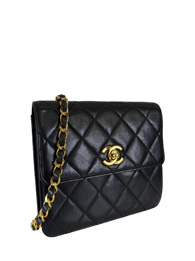 Chanel Vintage Black Matelassé Lambskin Quilted Single Flap Chain Bag