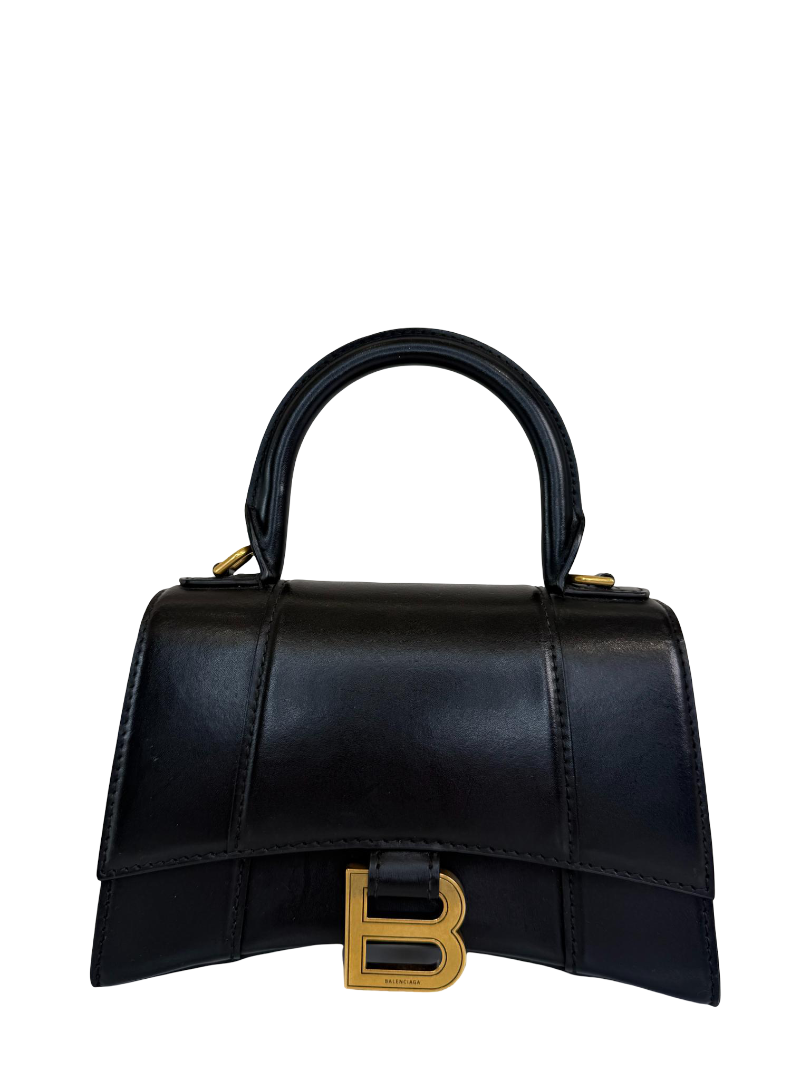 Balenciaga Hourglass XS Black Smooth Calf Leather Top Handle Bag