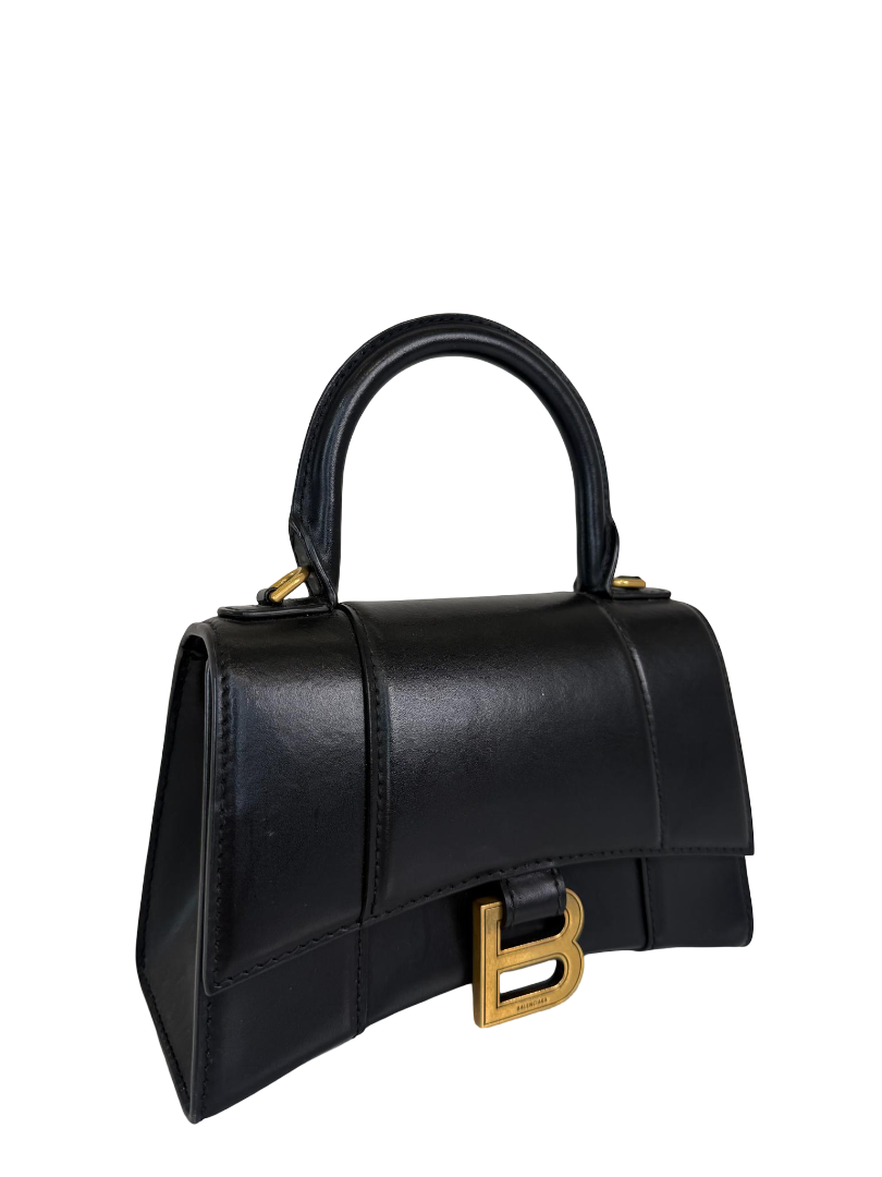 Balenciaga Hourglass XS Black Smooth Calf Leather Top Handle Bag