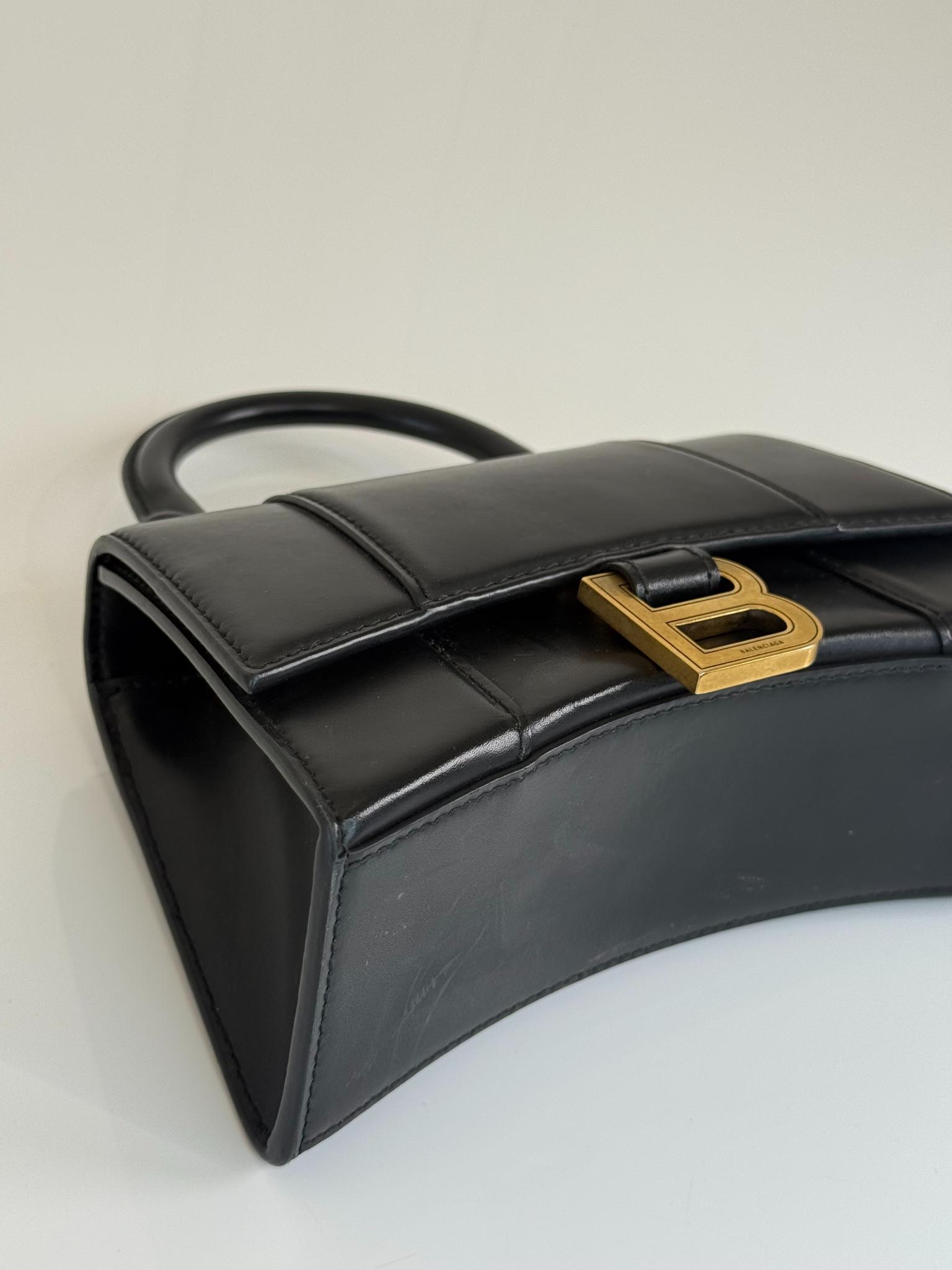 Balenciaga Hourglass XS Black Smooth Calf Leather Top Handle Bag