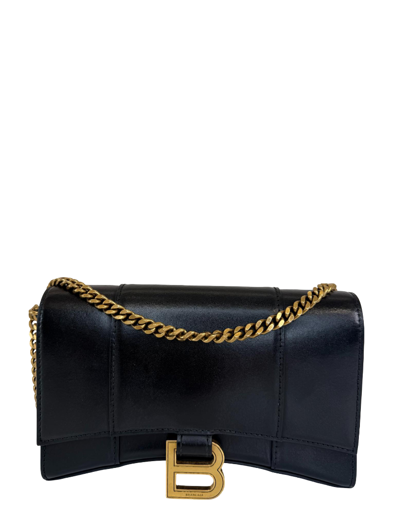 Balenciaga Hourglass Black Smooth Calf Leather Wallet On Chain