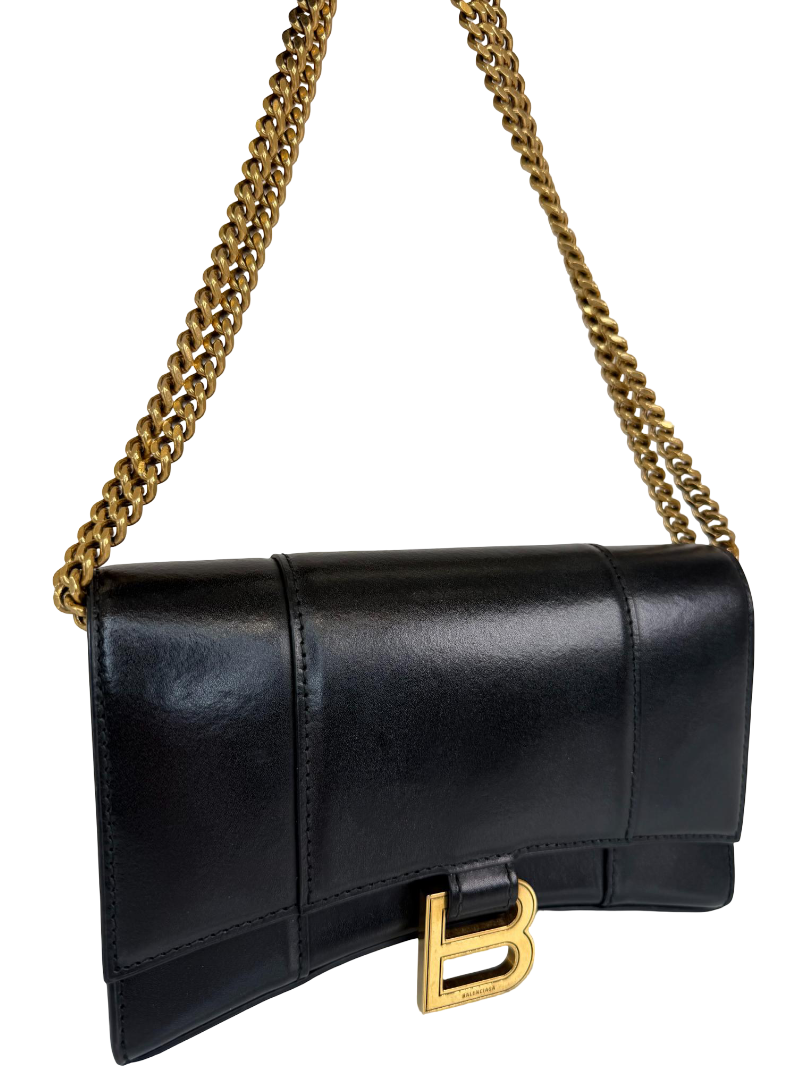 Balenciaga Hourglass Black Smooth Calf Leather Wallet On Chain