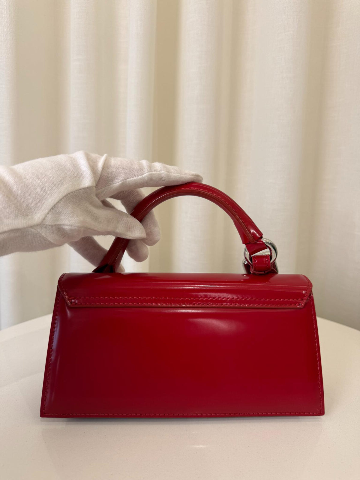 Jacquemus Le Chiquito Long Bouclé Red Patent Leather Top Handle Bag