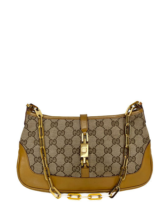 Gucci Jackie Beige GG Canvas and Tan Leather Bag