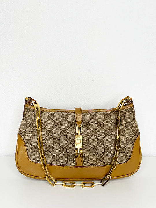 Gucci Jackie Beige GG Canvas and Tan Leather Bag