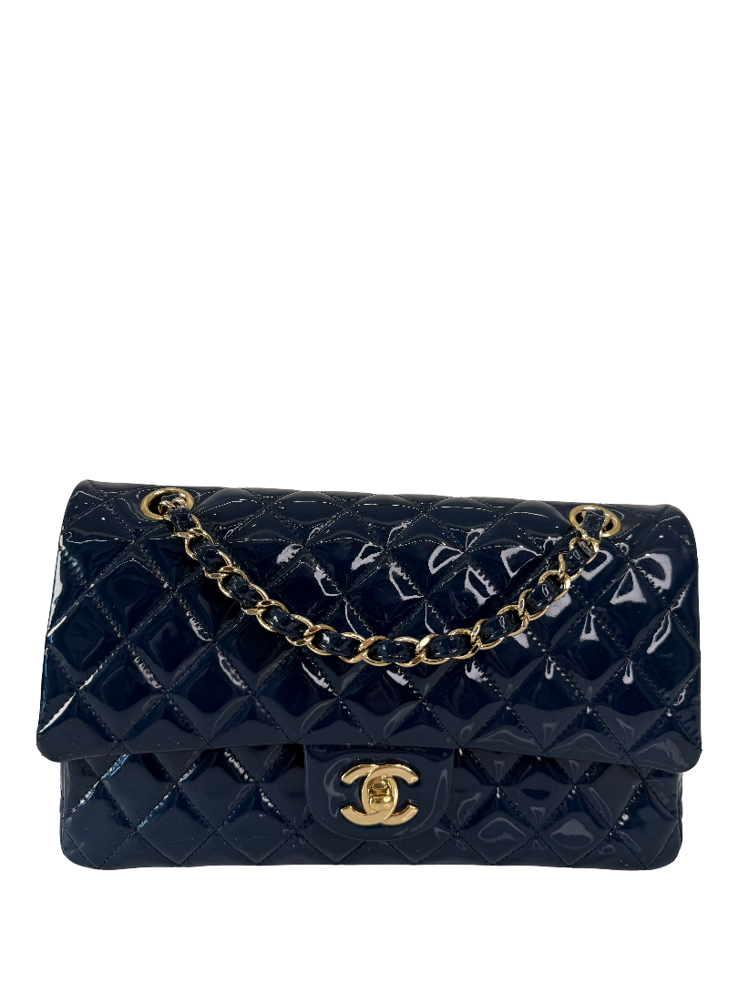 Chanel Classic Dark Blue Quilted Patent Leather Medium Double Flap Bag