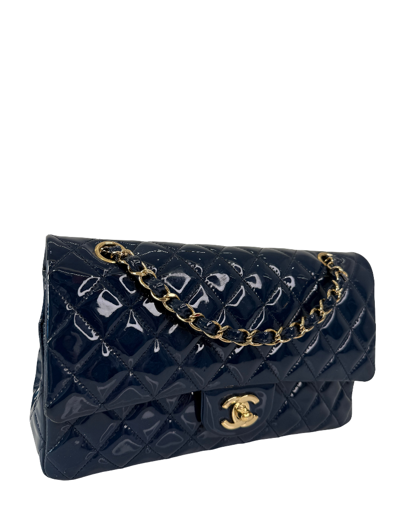 Chanel Classic Dark Blue Quilted Patent Leather Medium Double Flap Bag