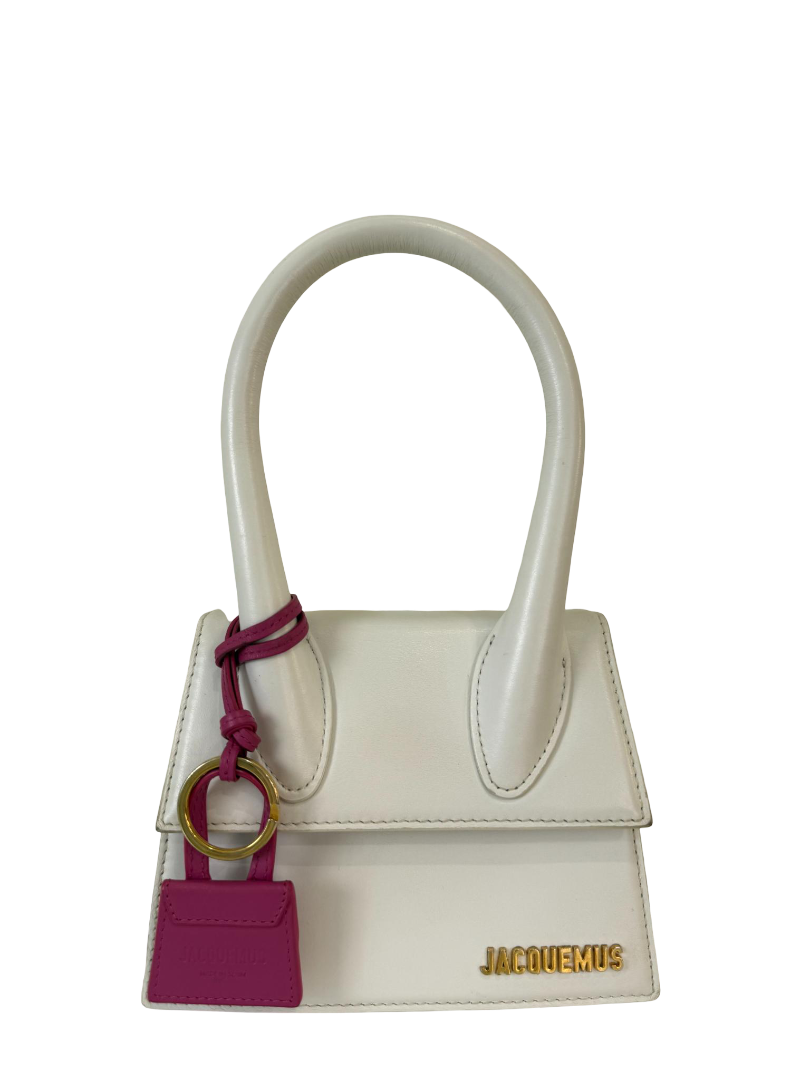 Jacquemus Le Chiquito Medium White Leather Handbag with Porte Clés/Bag Charm