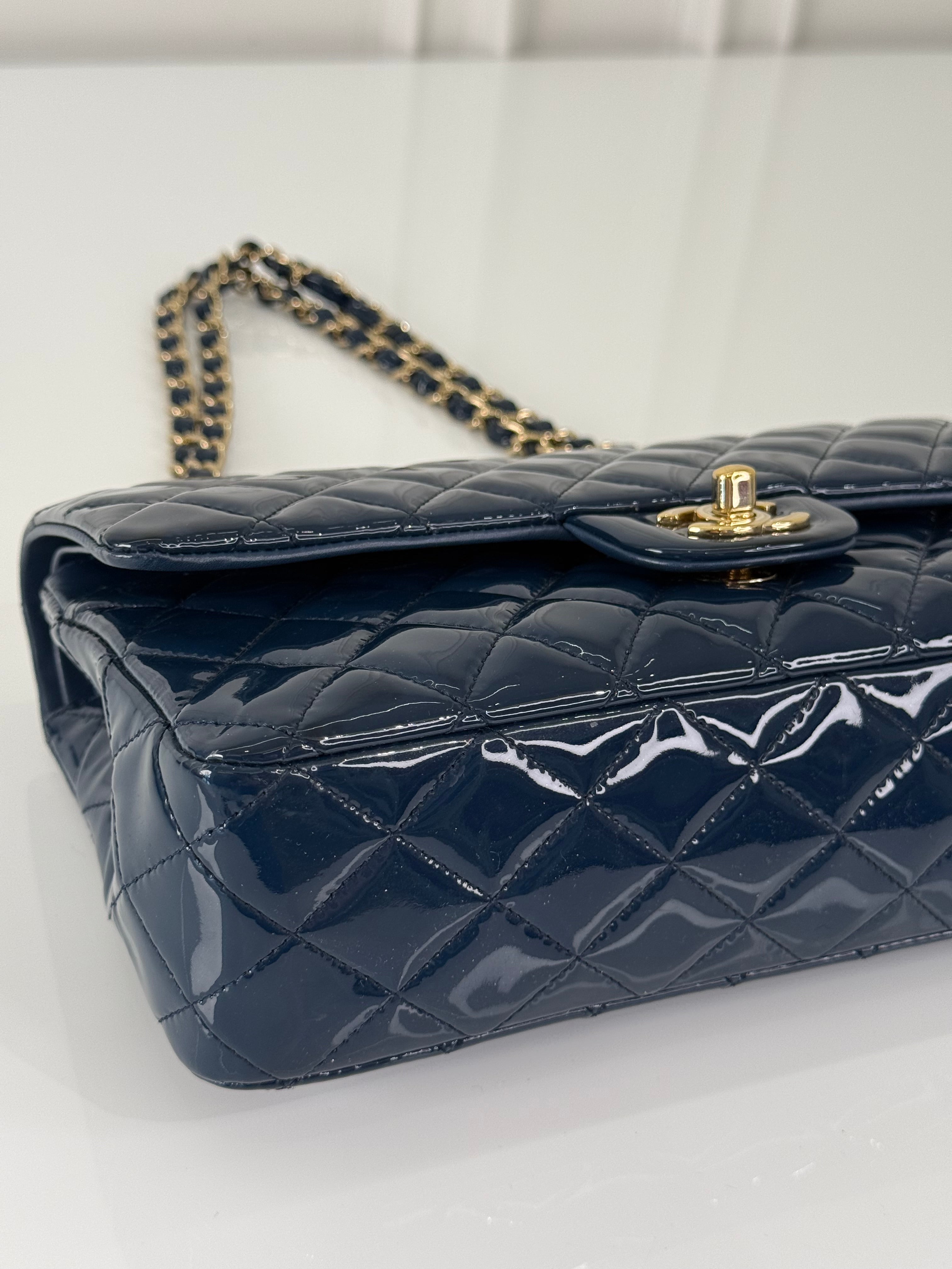 Chanel Classic Dark Blue Quilted Patent Leather Medium Double Flap Bag