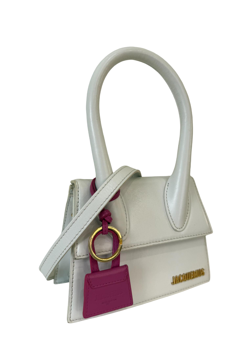 Jacquemus Le Chiquito Medium White Leather Handbag with Porte Clés/Bag Charm