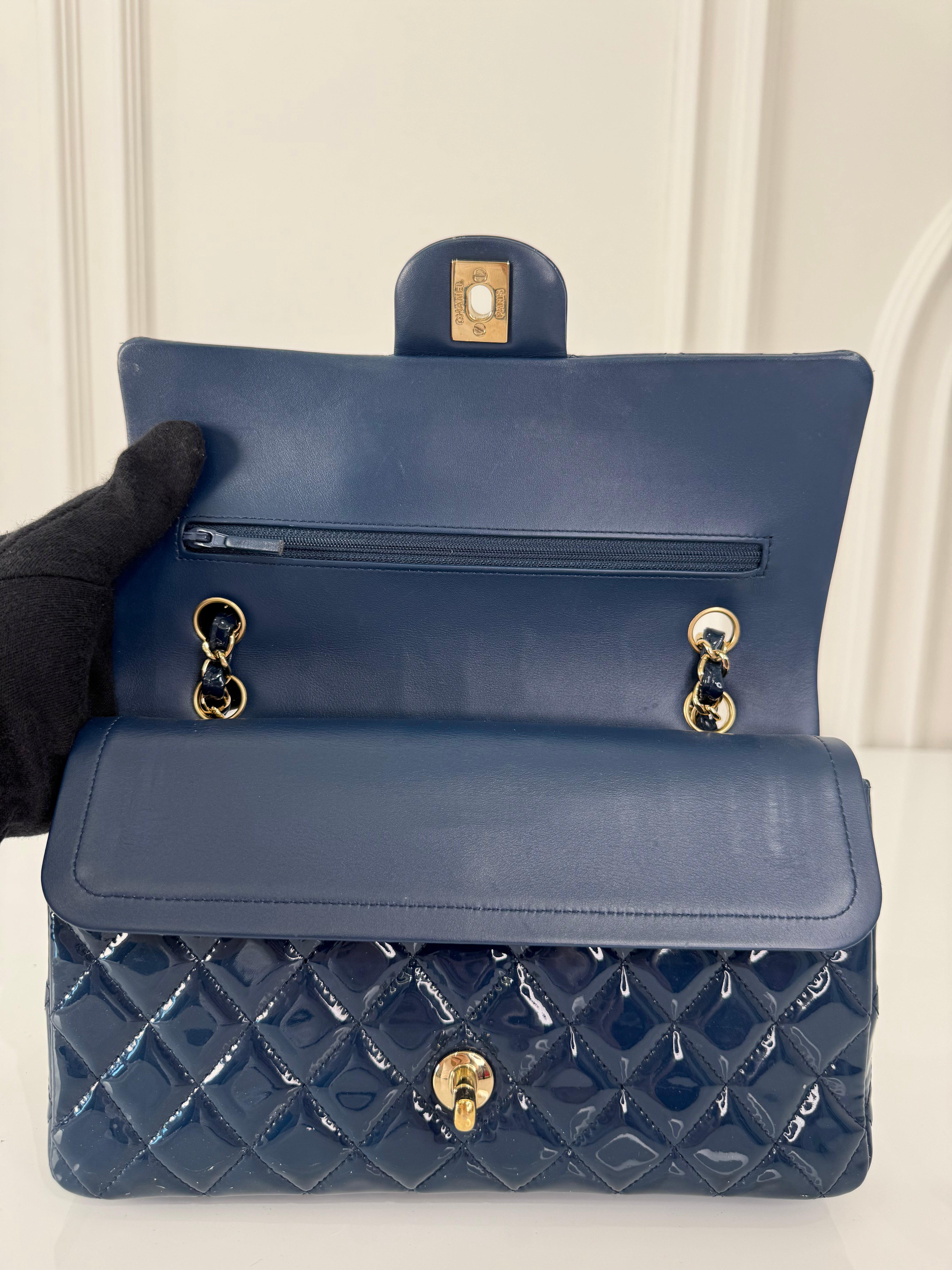 Chanel Classic Dark Blue Quilted Patent Leather Medium Double Flap Bag
