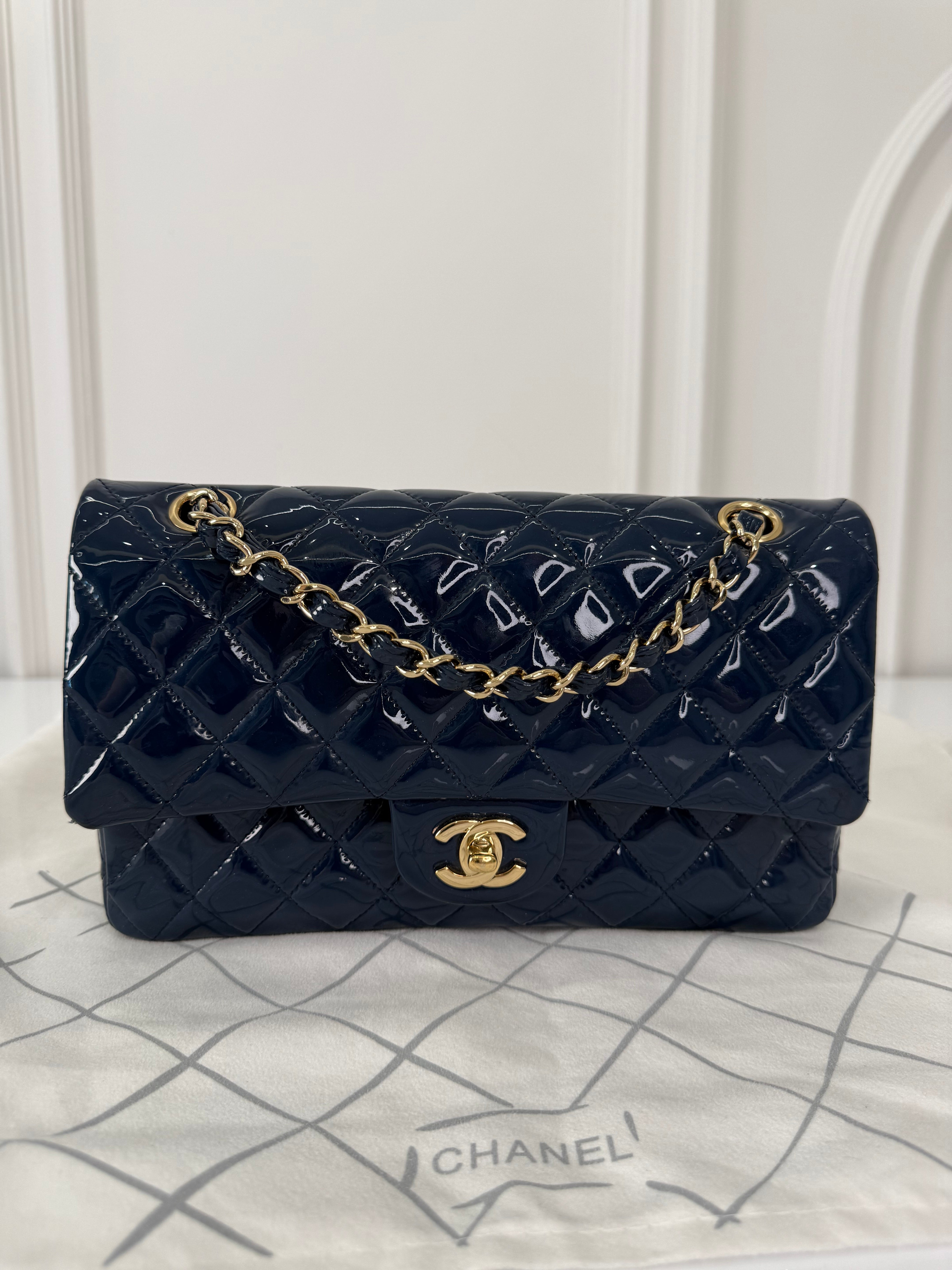 Chanel Classic Dark Blue Quilted Patent Leather Medium Double Flap Bag