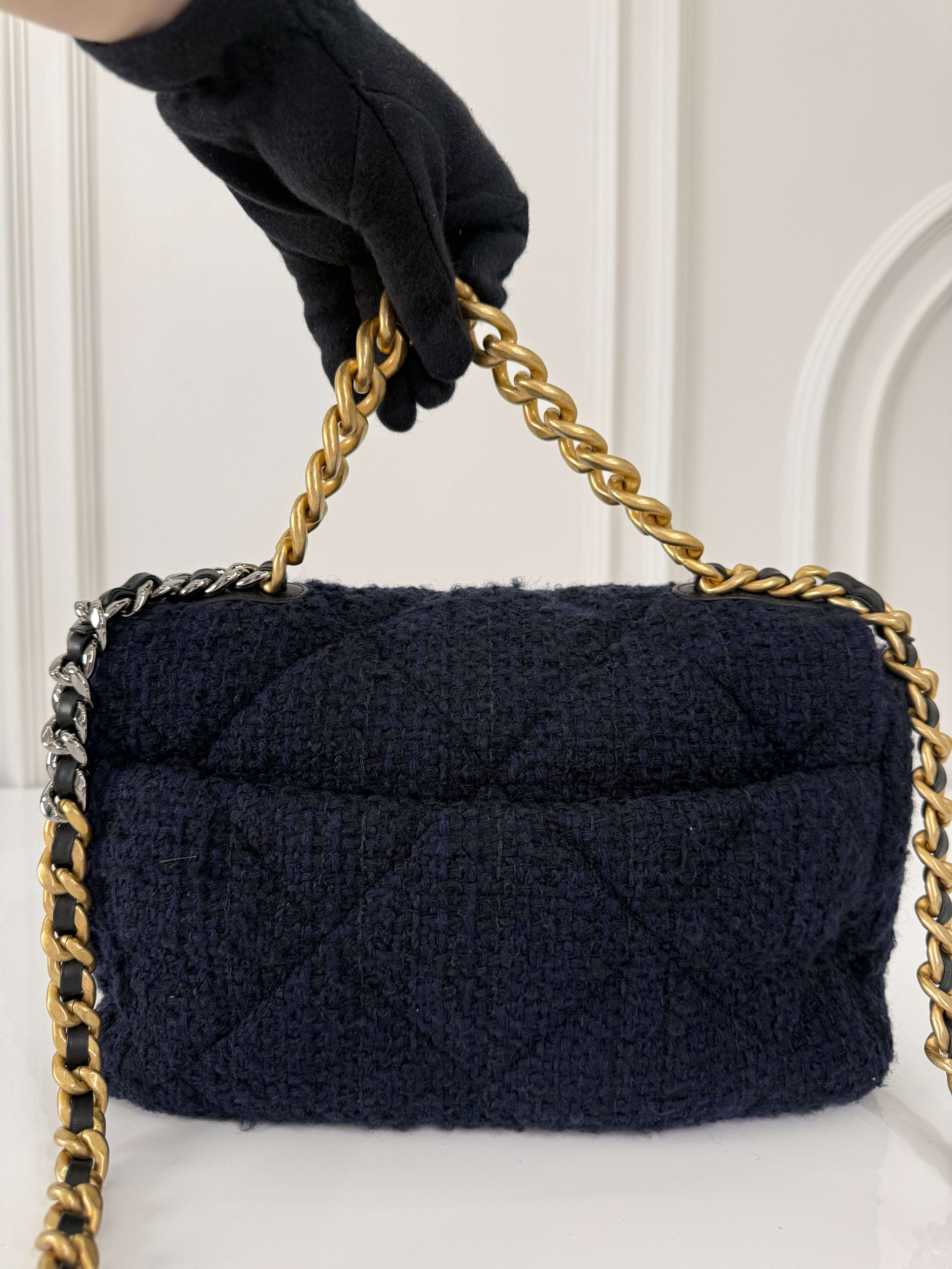Chanel 19 Navy Blue Quilted Tweed Medium Flap Bag