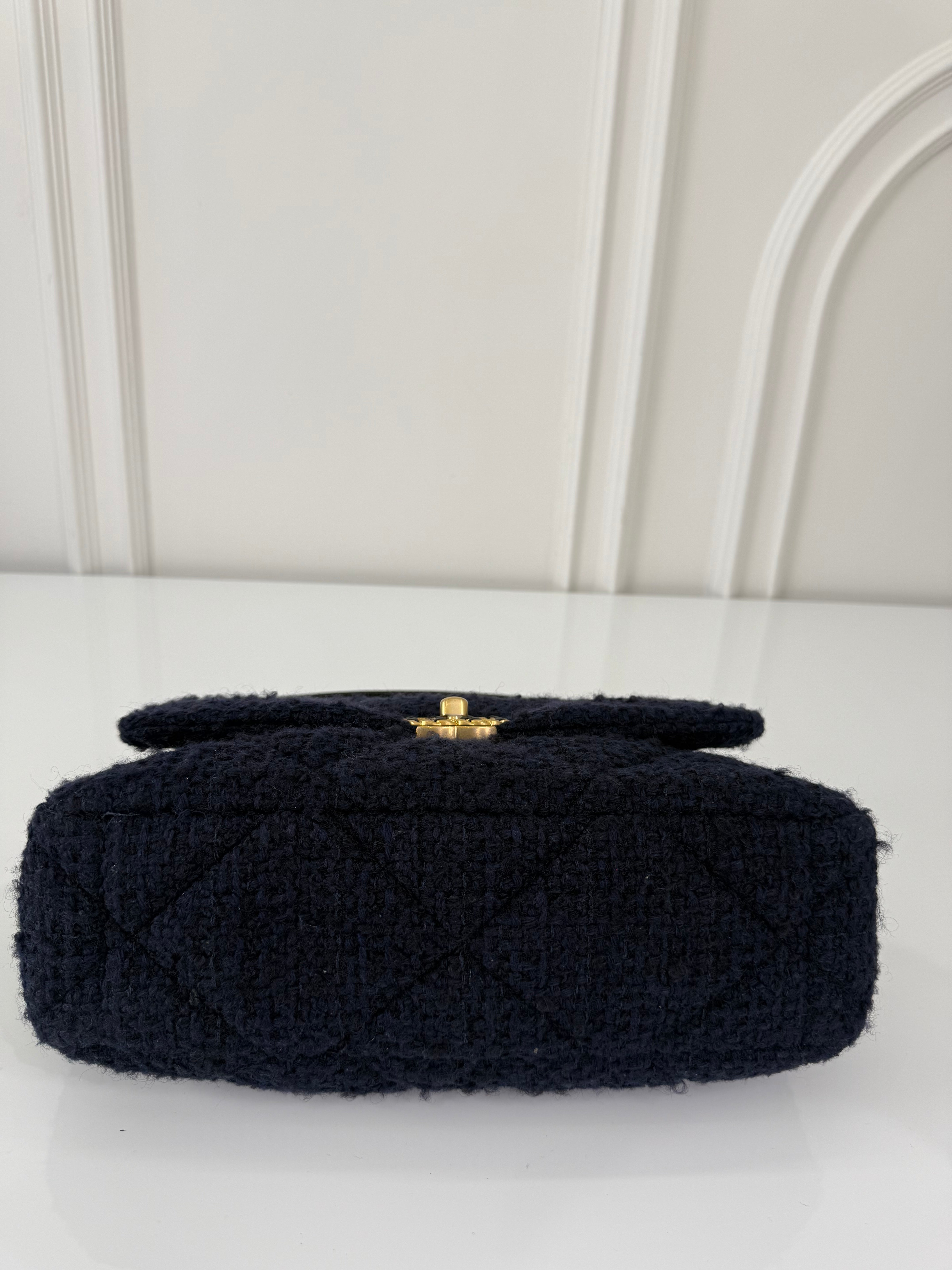 Chanel 19 Navy Blue Quilted Tweed Medium Flap Bag