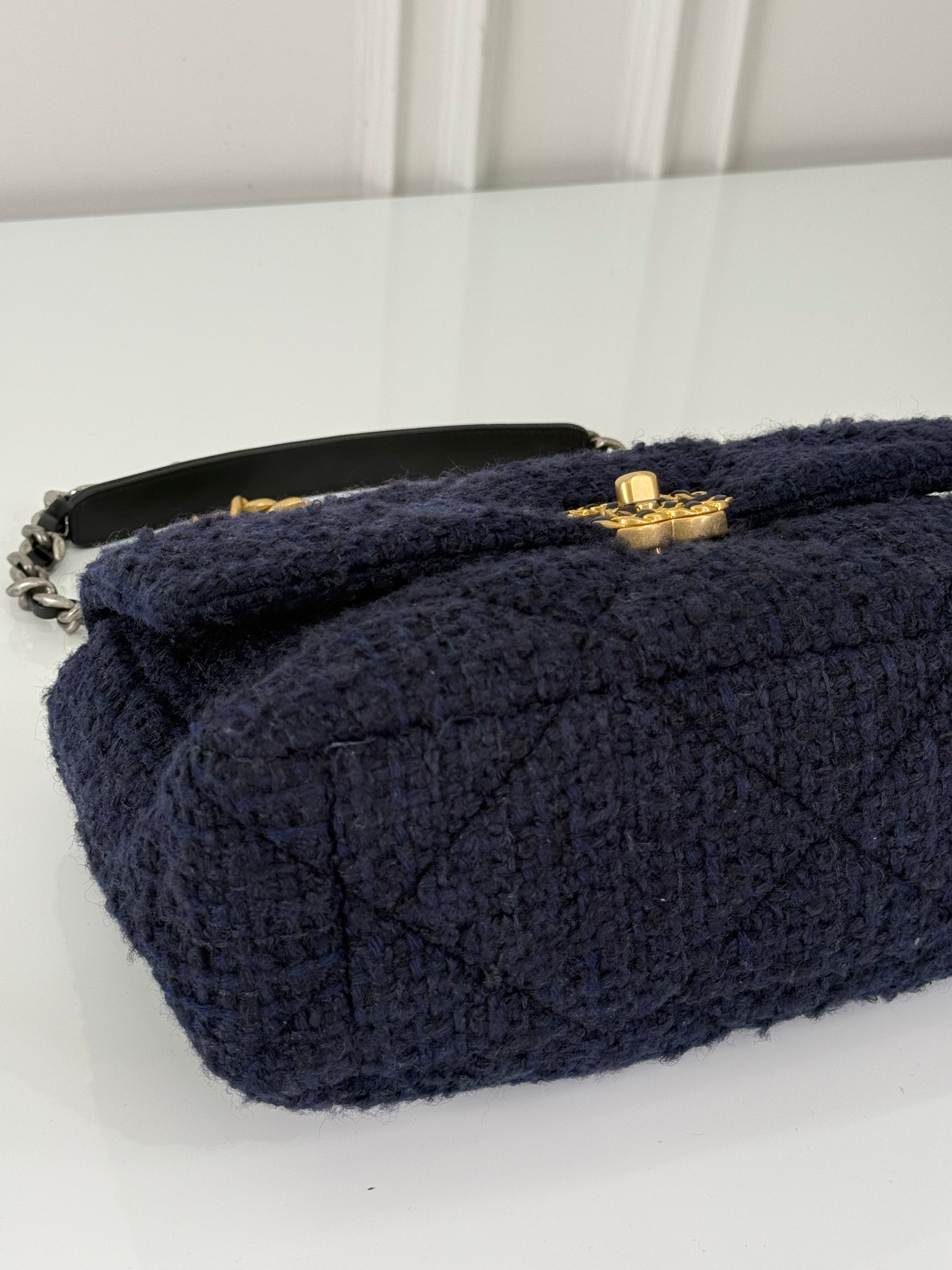 Chanel 19 Navy Blue Quilted Tweed Medium Flap Bag