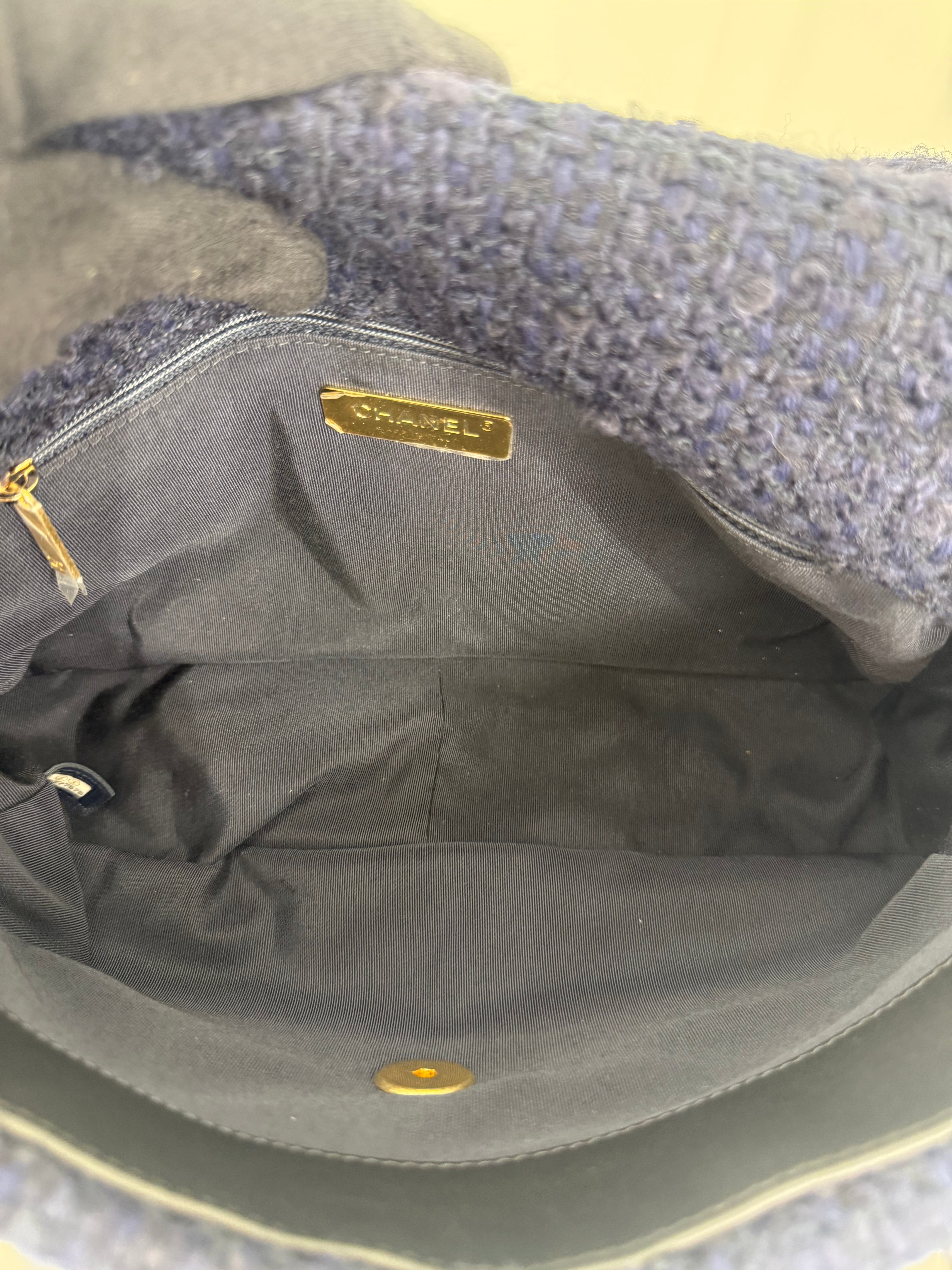 Chanel 19 Navy Blue Quilted Tweed Medium Flap Bag