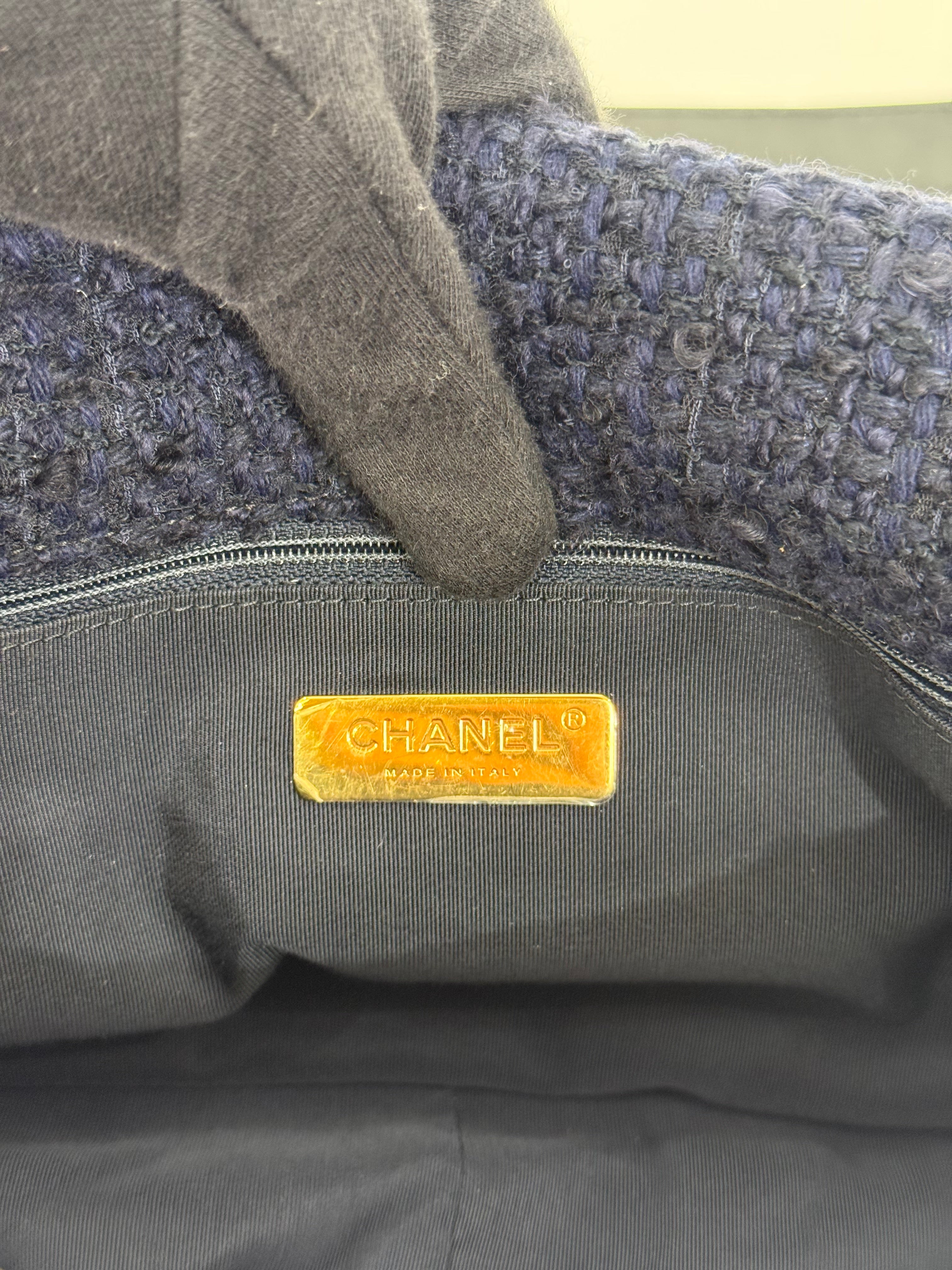 Chanel 19 Navy Blue Quilted Tweed Medium Flap Bag