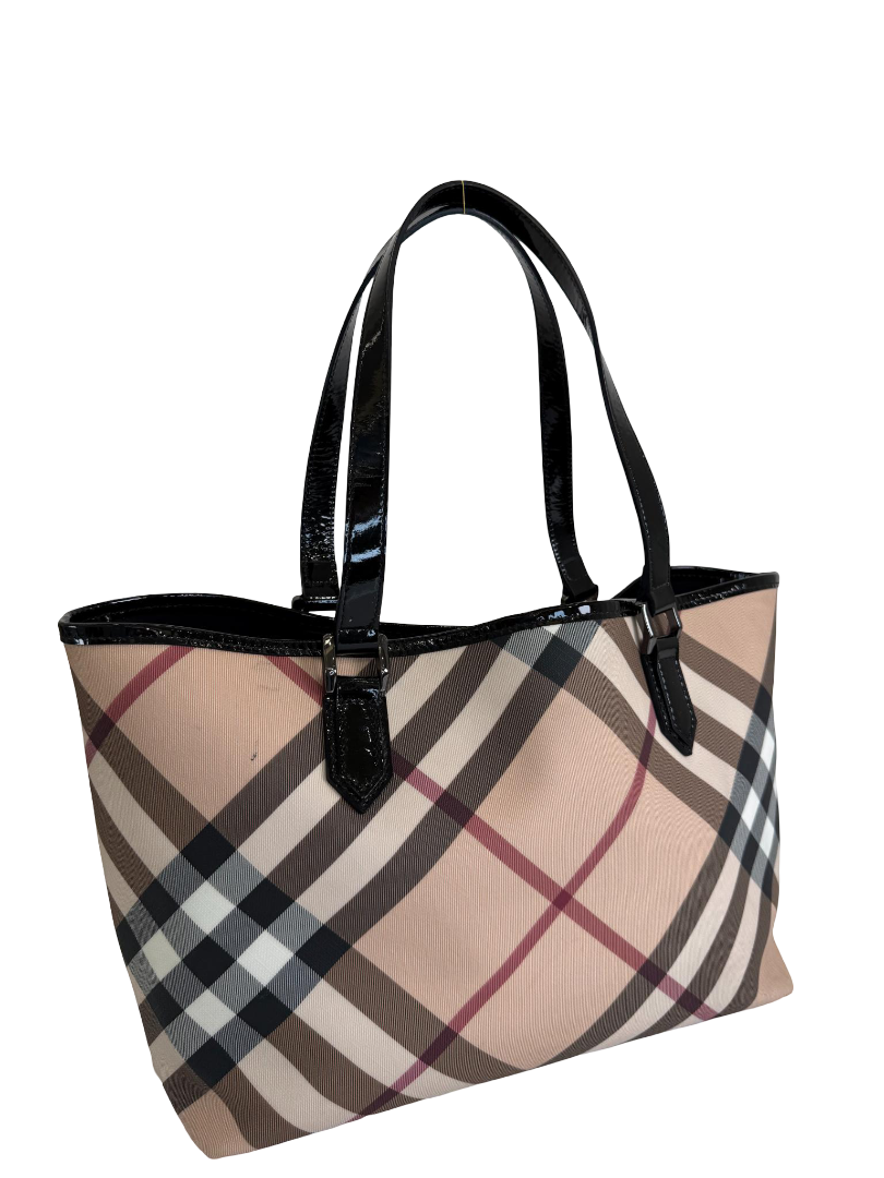 Burberry Beige/Black Patent Leather Burberry Nickie Tote With Pouch