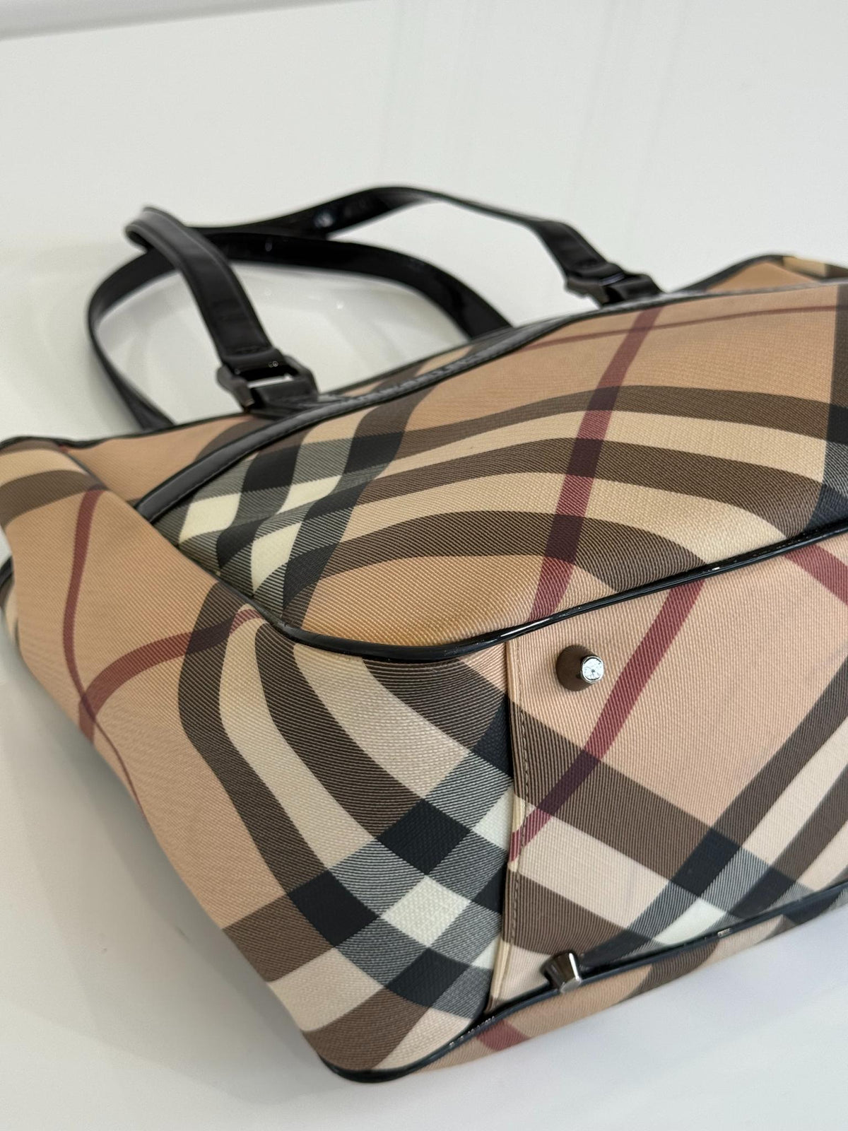Burberry Beige/Black Nova Check PVC and Patent Leather Front Pocket Tote Medium