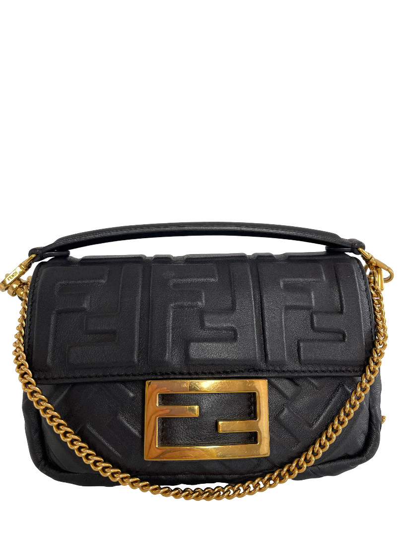 Fendi Black Embossed Leather Mini Baguette Crossbody Bag