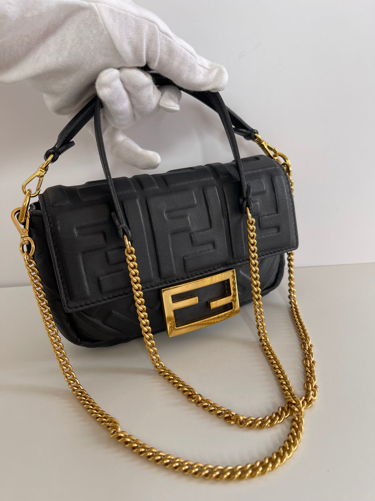 Fendi Black Embossed Leather Mini Baguette Crossbody Bag