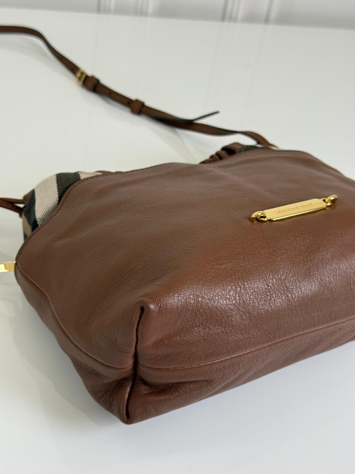 Burberry Brown Leather and Bridle House Check Canvas Little Crush Crossbody Bag