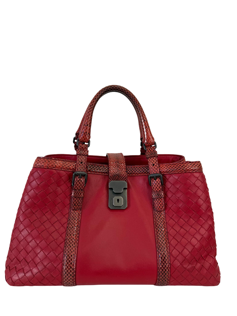 Bottega Veneta Small Roma Red Intrecciato Woven Nappa/Python Tote