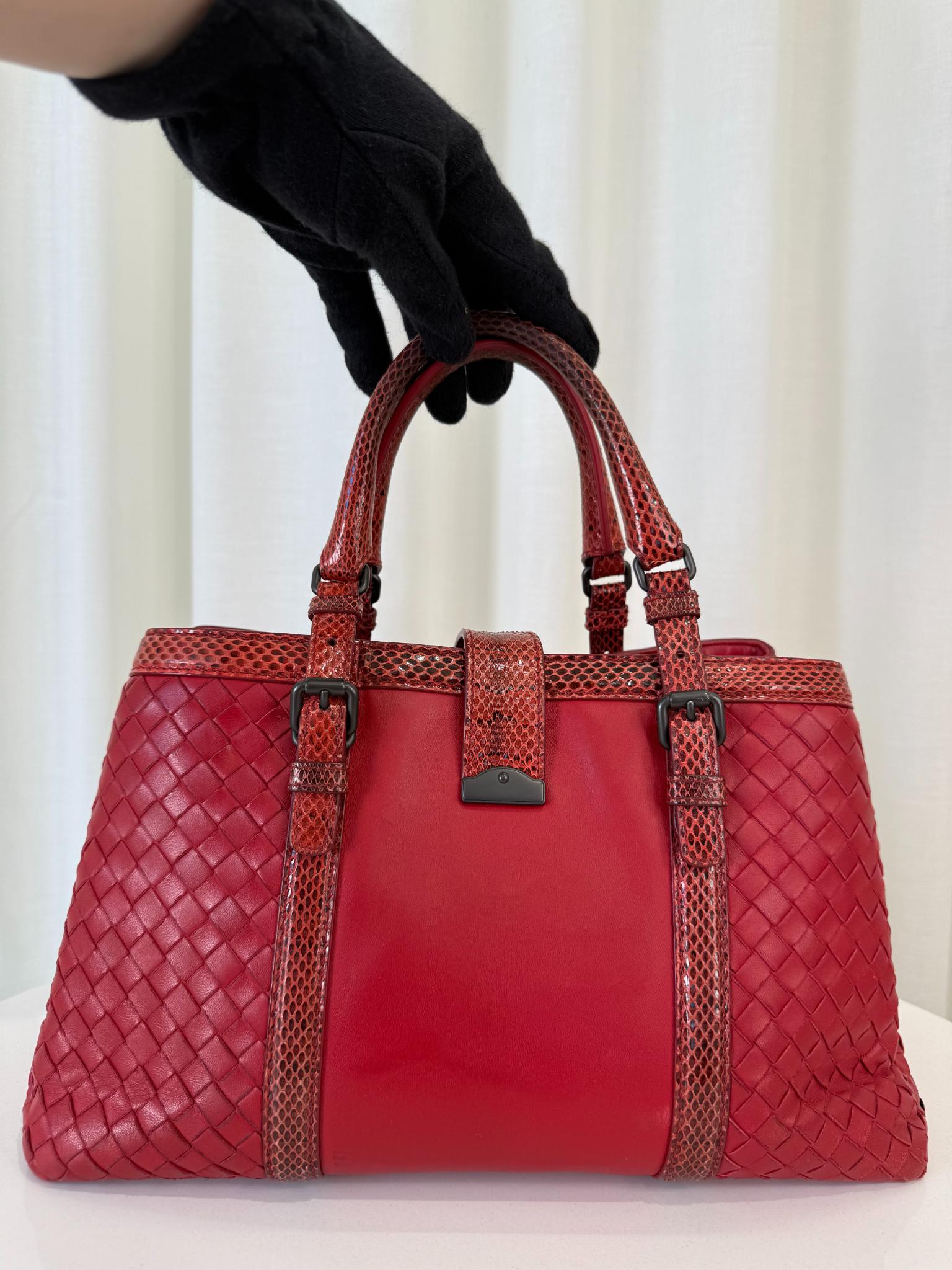 Bottega Veneta Small Roma Red Intrecciato Woven Nappa/Python Tote