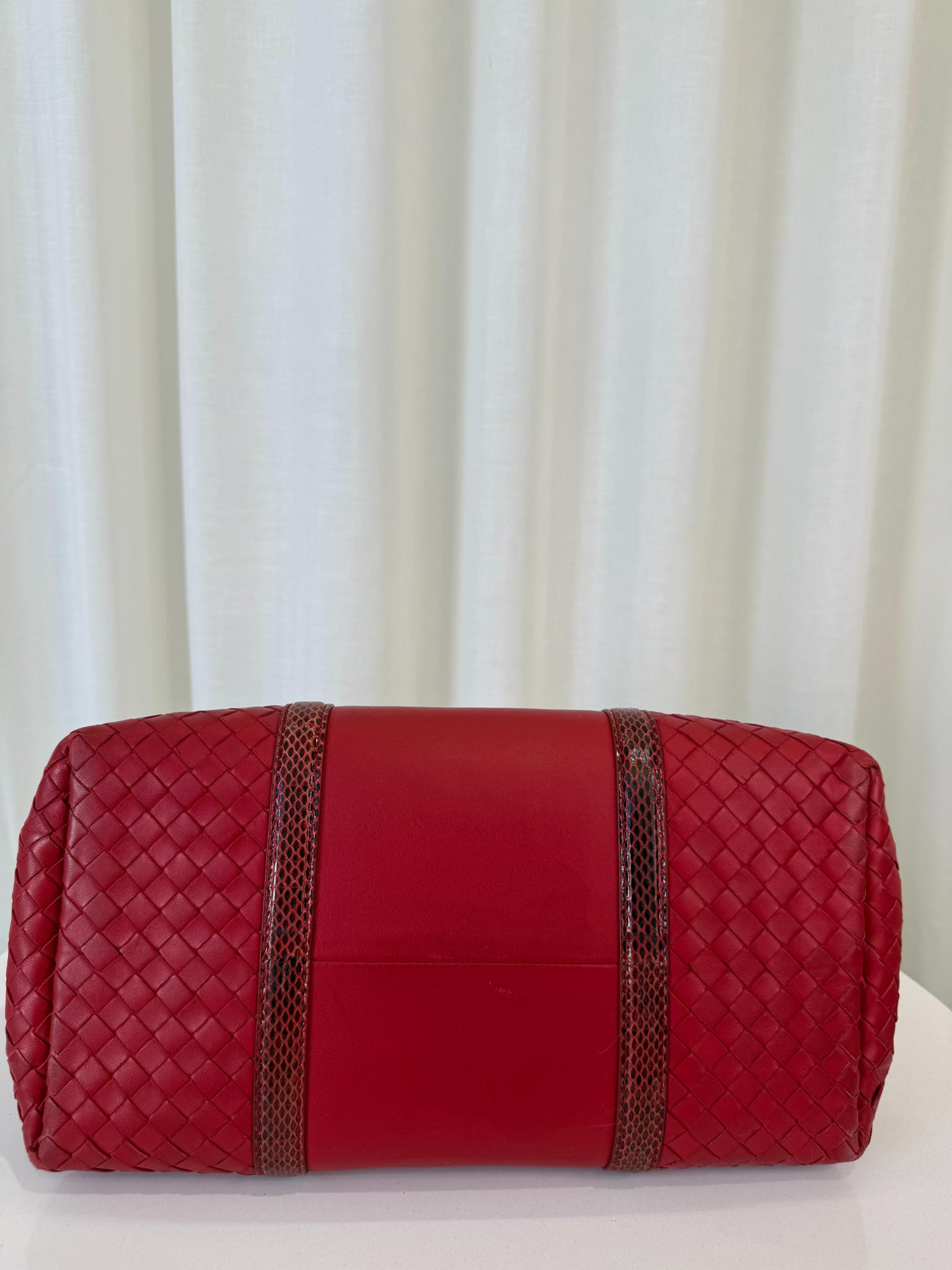 Bottega Veneta Small Roma Red Intrecciato Woven Nappa/Python Tote