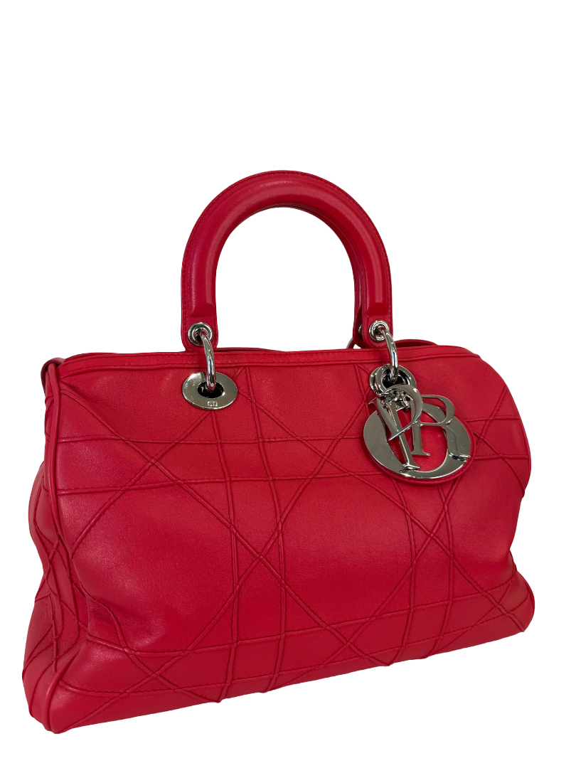 Christian Dior Granville Coral Red Cannage Quilted Lambskin Tote Bag