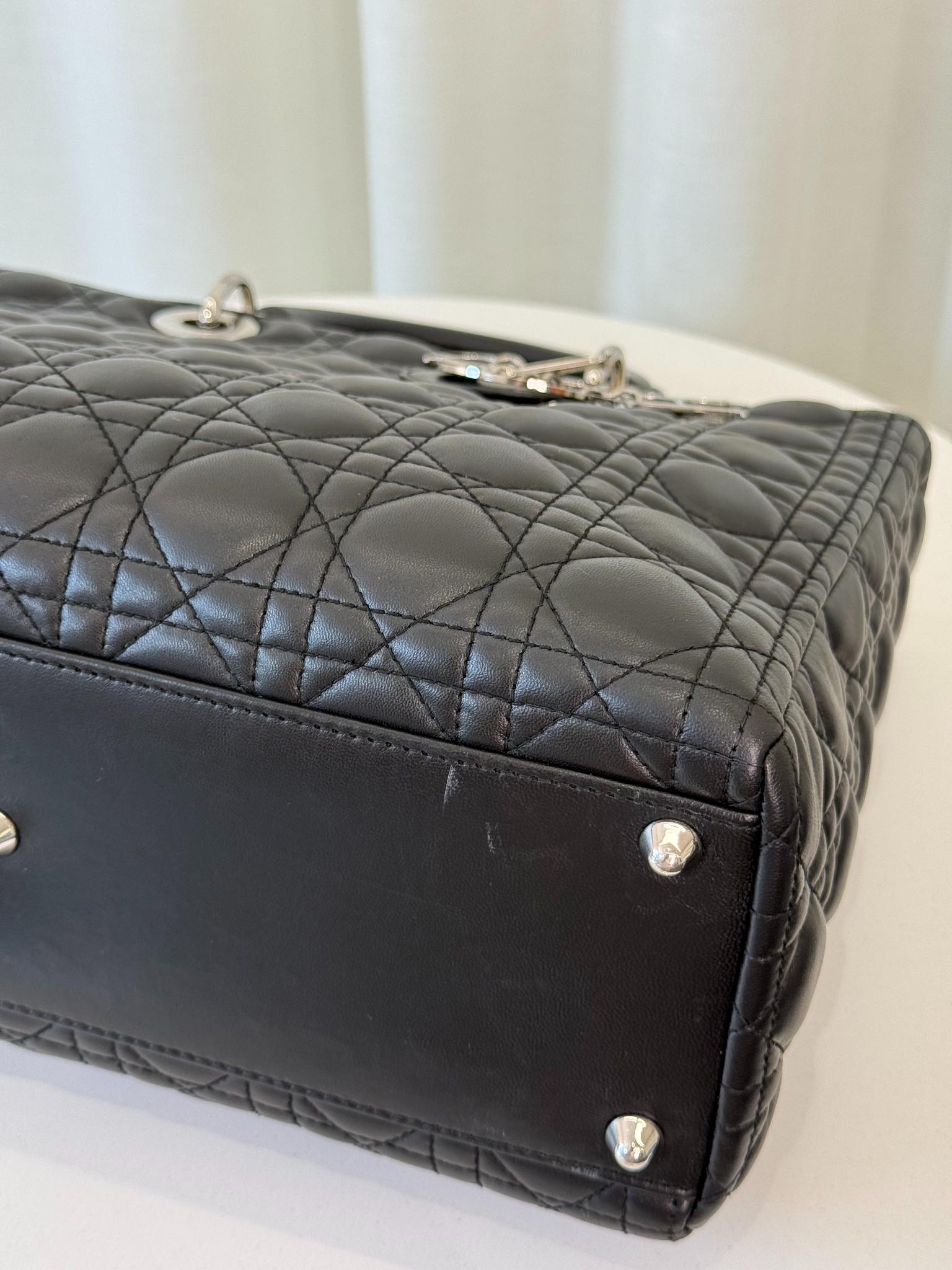 Christian Dior Large Lady Dior Black Cannage Quilted Lambskin Top Handle
