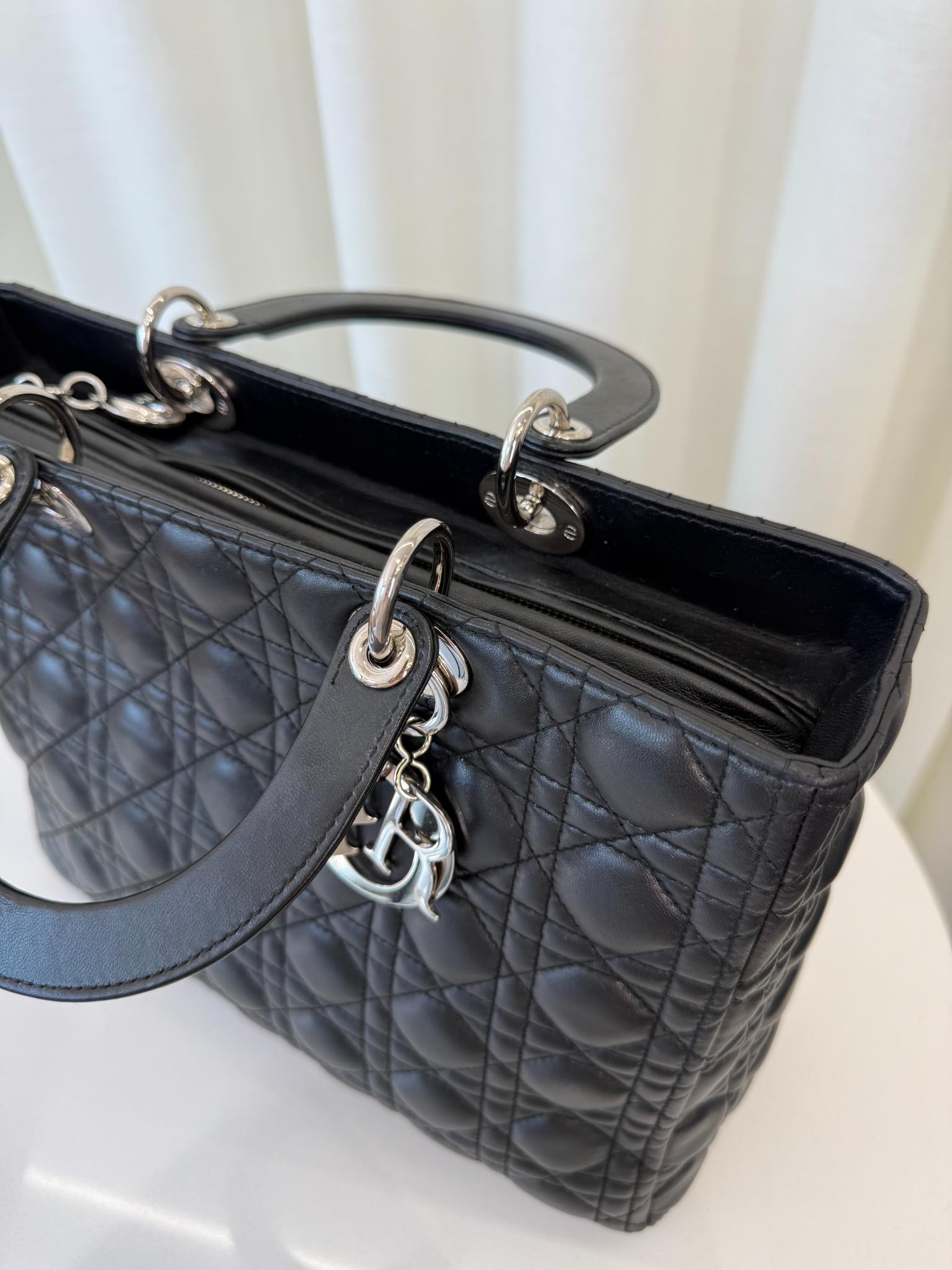 Christian Dior Large Lady Dior Black Cannage Quilted Lambskin Top Handle