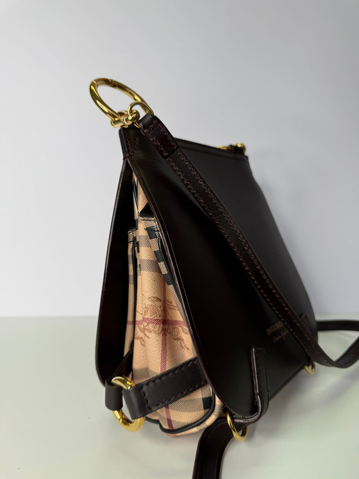 Burberry Haymarket Check Bridle Saddle Bag Dark Clove Brown