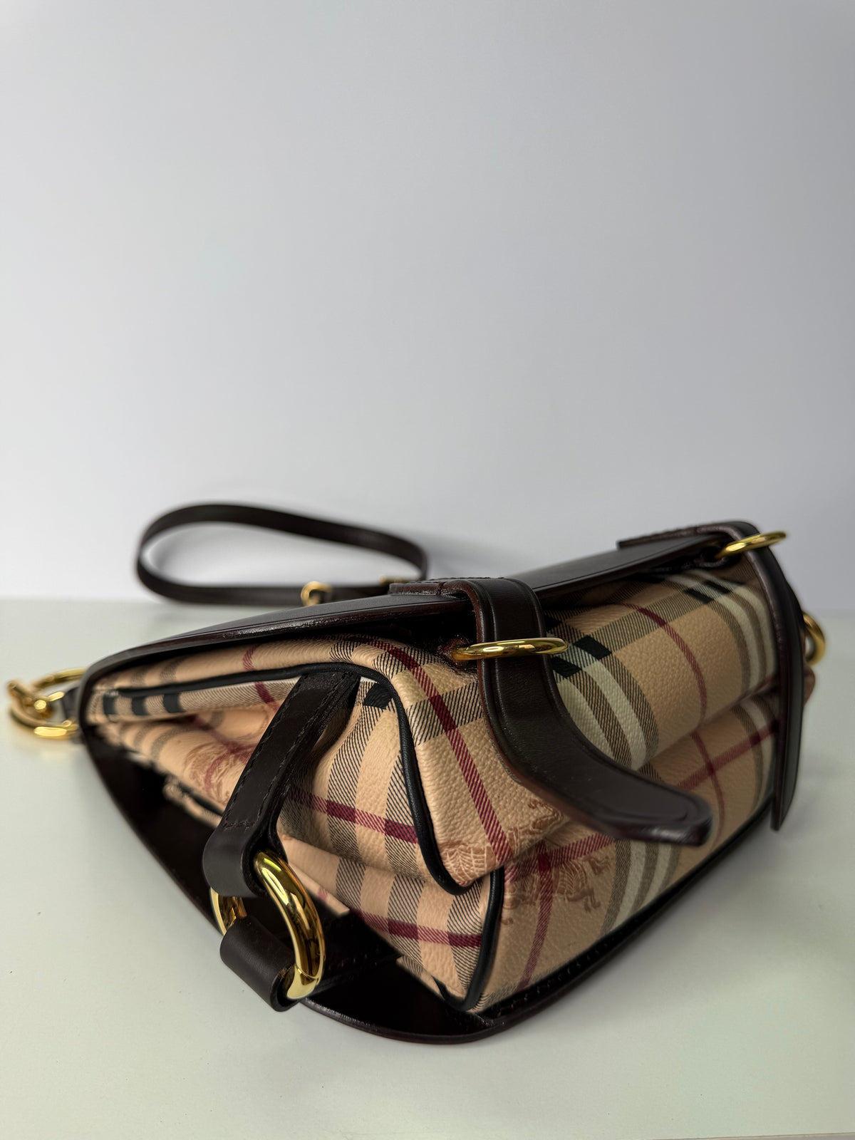 Burberry Haymarket Check Bridle Saddle Bag Dark Clove Brown