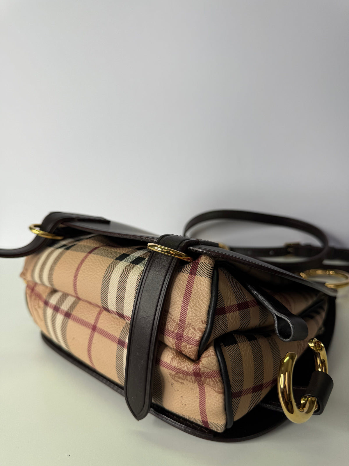 Burberry Haymarket Check Bridle Saddle Bag Dark Clove Brown