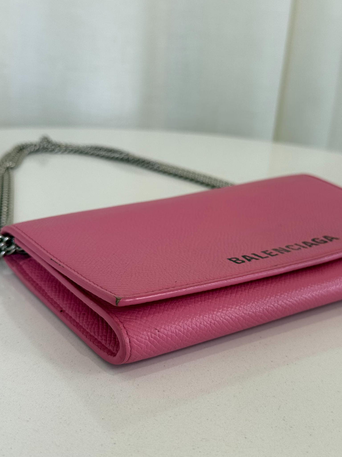 Balenciaga Bubble Gum Grained Calfskin Logo Print Ville Wallet On Chain