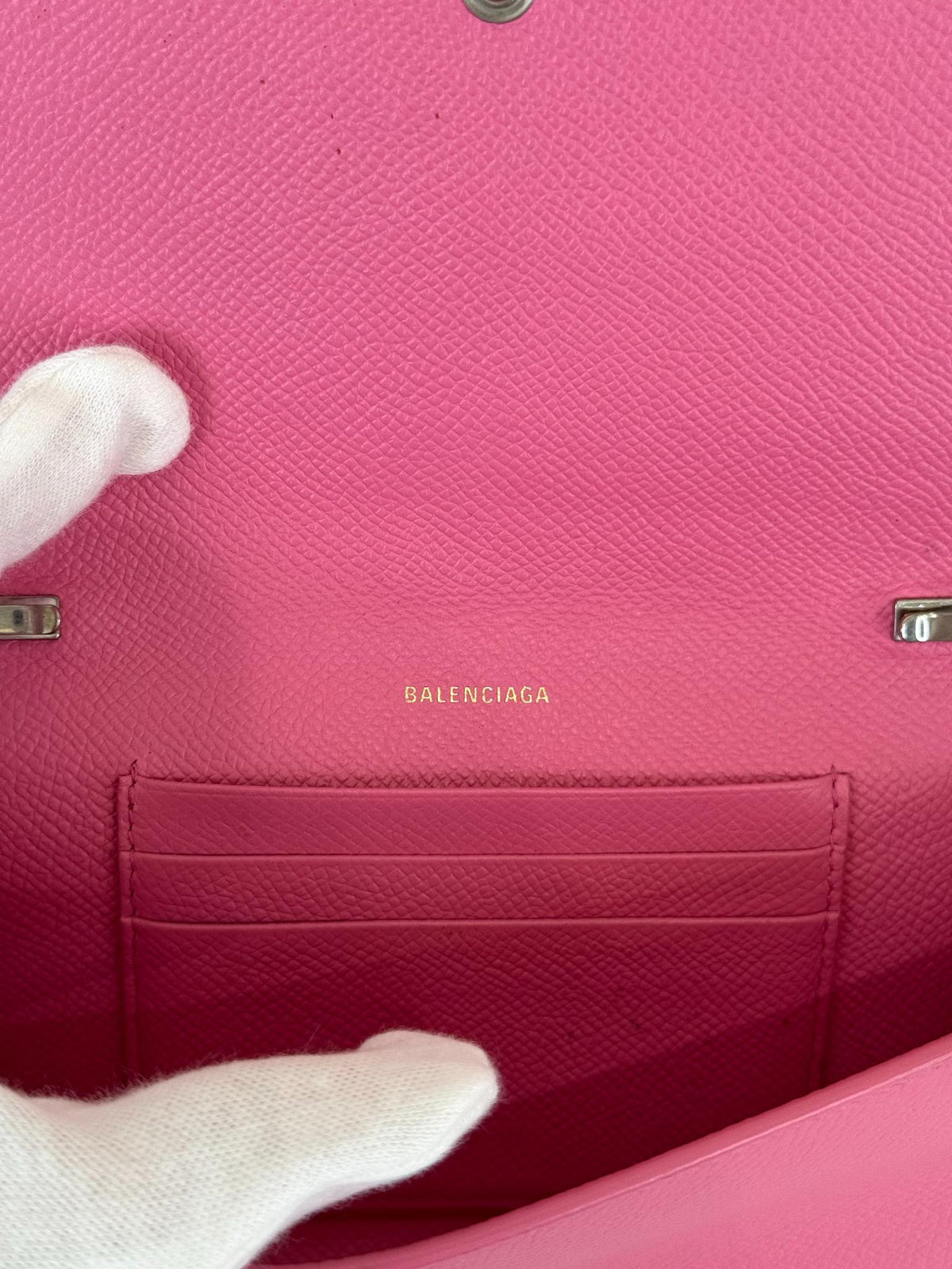 Balenciaga Bubble Gum Grained Calfskin Logo Print Ville Wallet On Chain