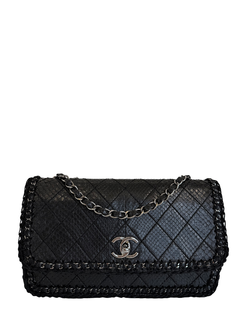 Chanel Limited Edition Black Python Quilted Flap Crochet Sides Shoulder Bag