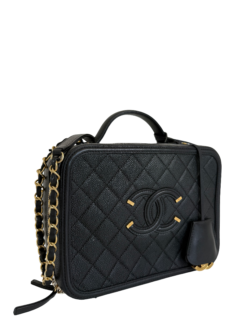 Chanel Black Quilted Caviar Leather Filigree Vanity Case