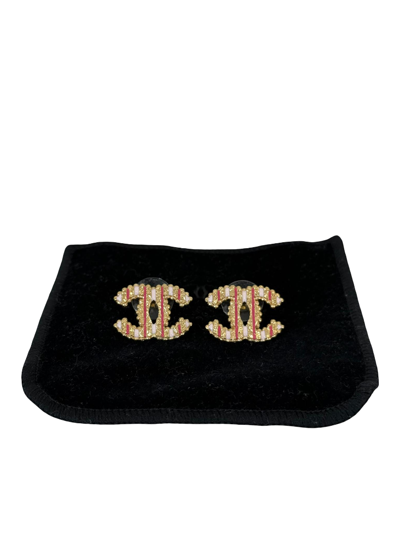 Chanel CC Gold Tone Metal and Pink Stud Earrings