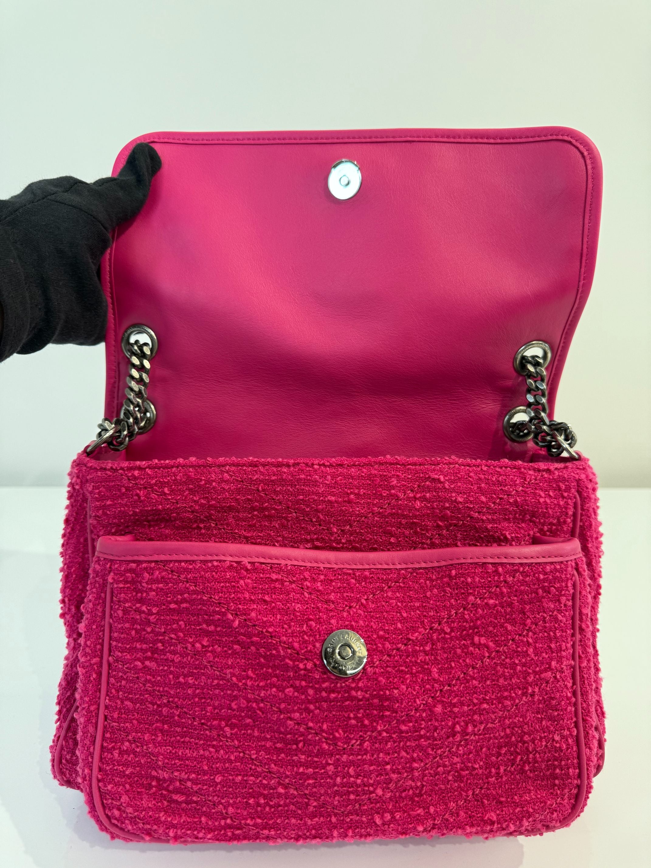Saint Laurent Niki Medium Boucle Tweed Shoulder Bag Magenta