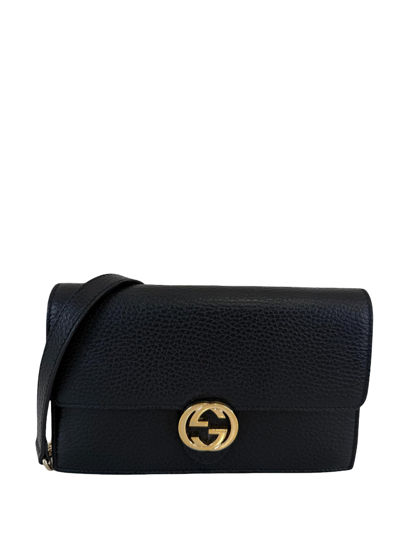 Gucci Black Interlocking G Chain Leather Wallet on Chain