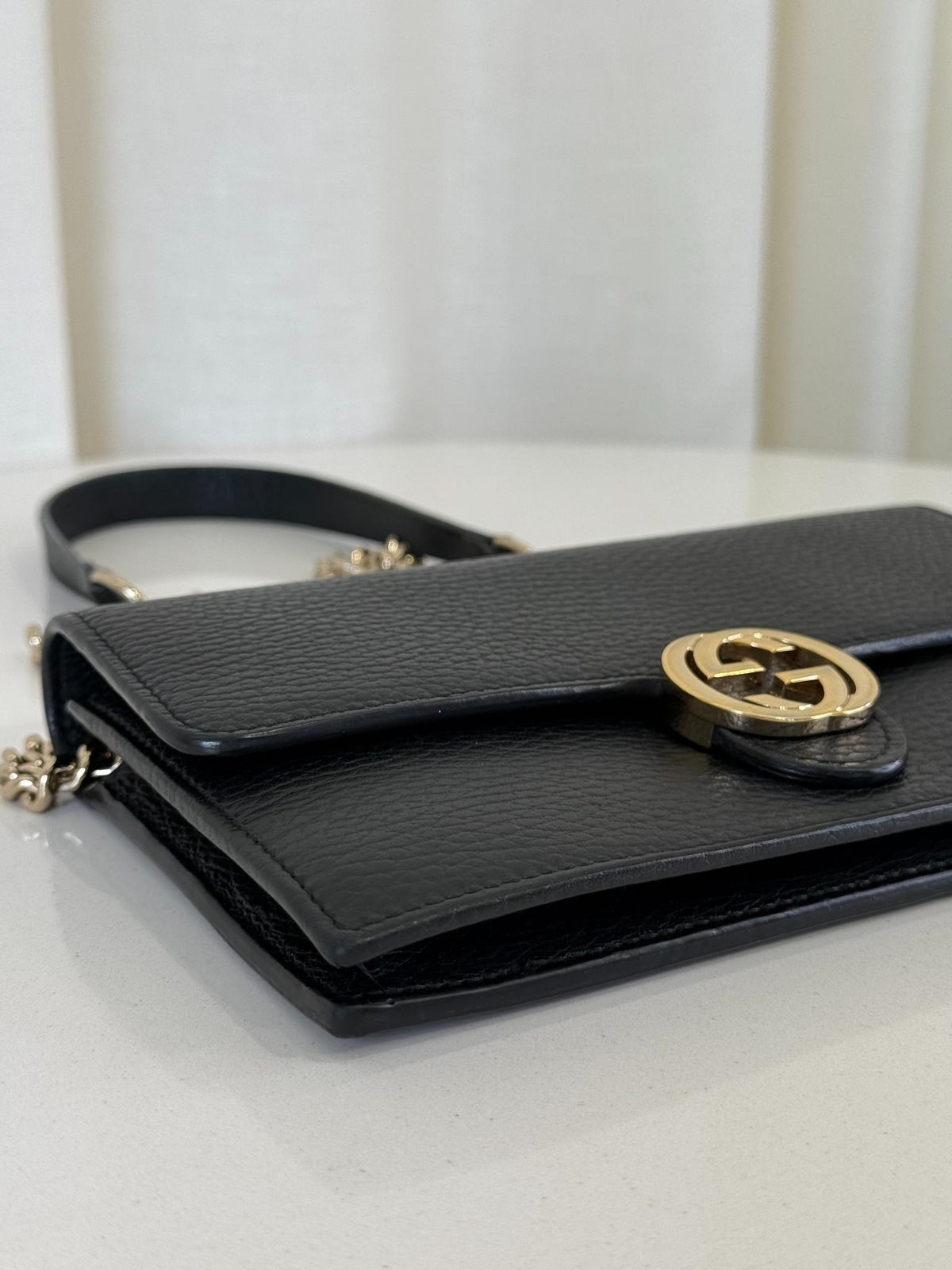Gucci Black Interlocking G Chain Leather Wallet on Chain