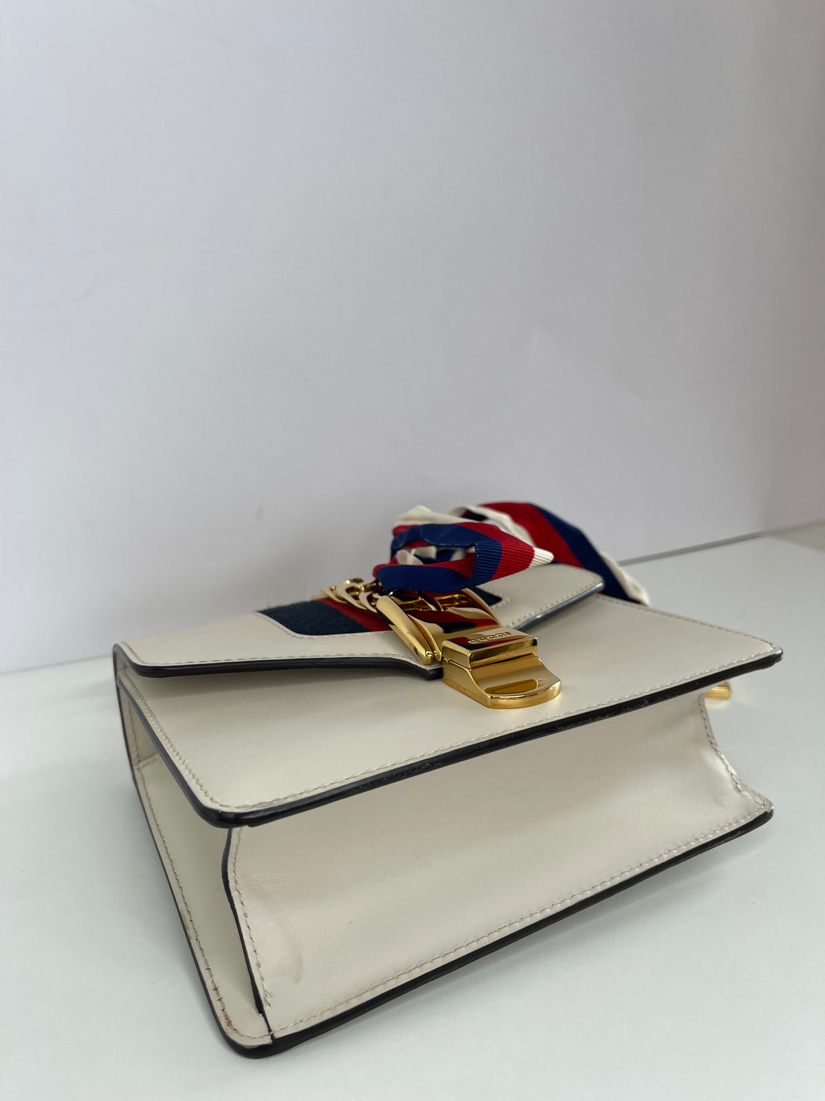 Gucci Off White Leather Mini Sylvie Web Chain Crossbody Bag