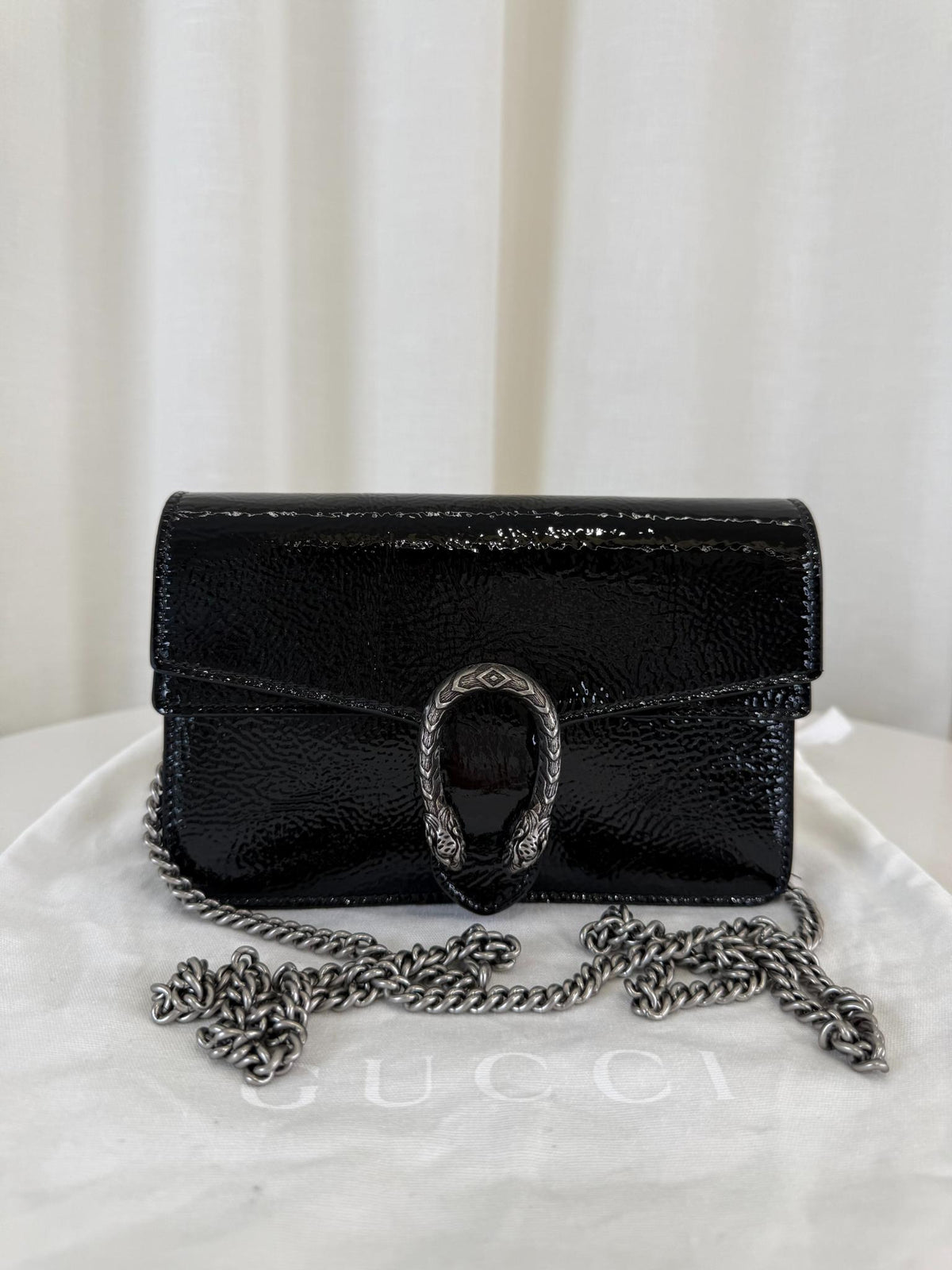 Gucci Mini Dionysus Black Crinkled Patent Leather Bag