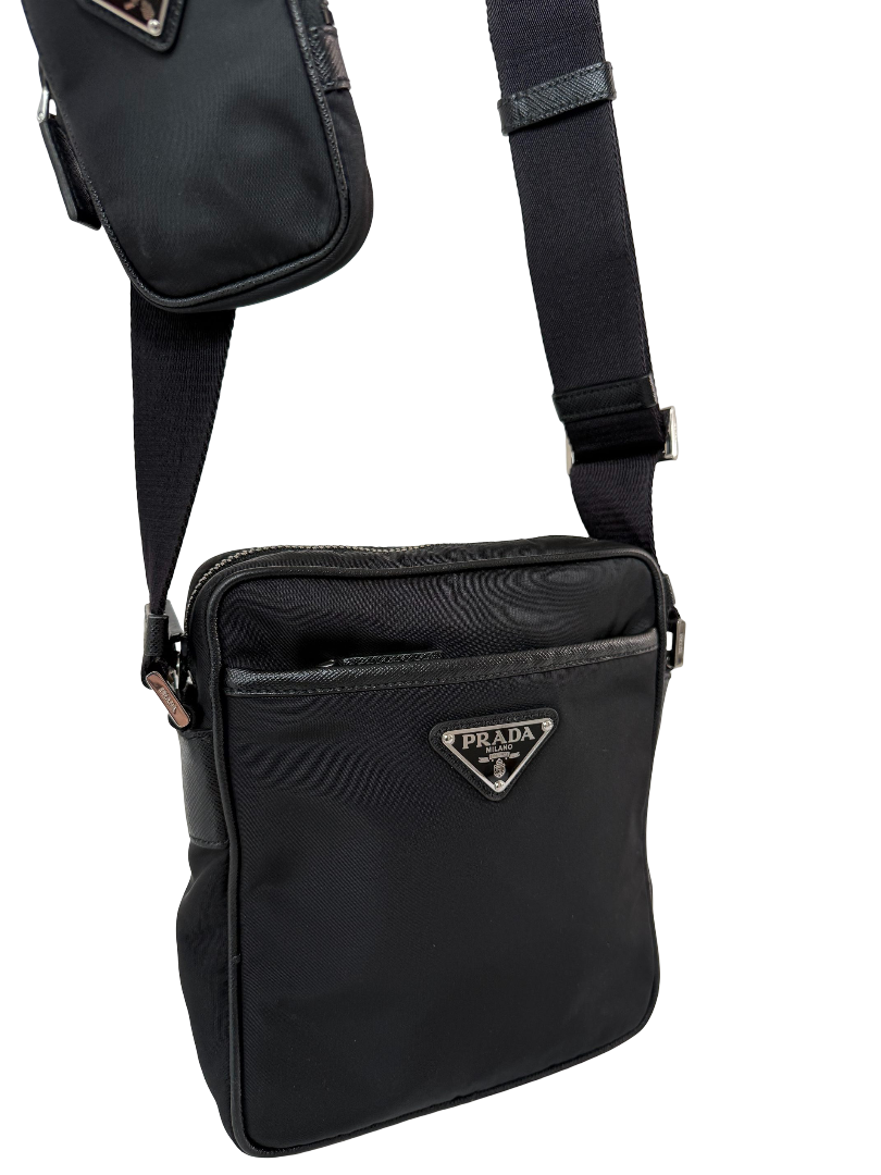 Prada Men's Re-Nylon/Saffiano Black Crossbody Bag
